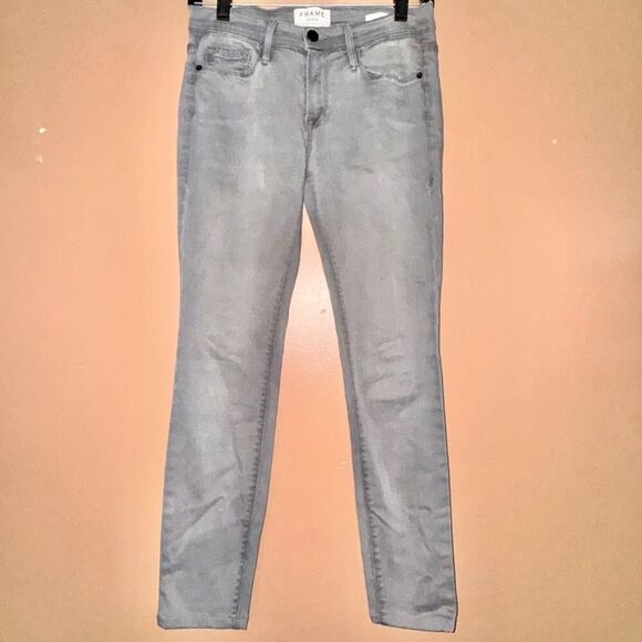 Frame Le Skinny De Jeanne Mid Rise Chrome Gray Raw Hem Denim Jeans - Size 27 - Picture 1 of 9